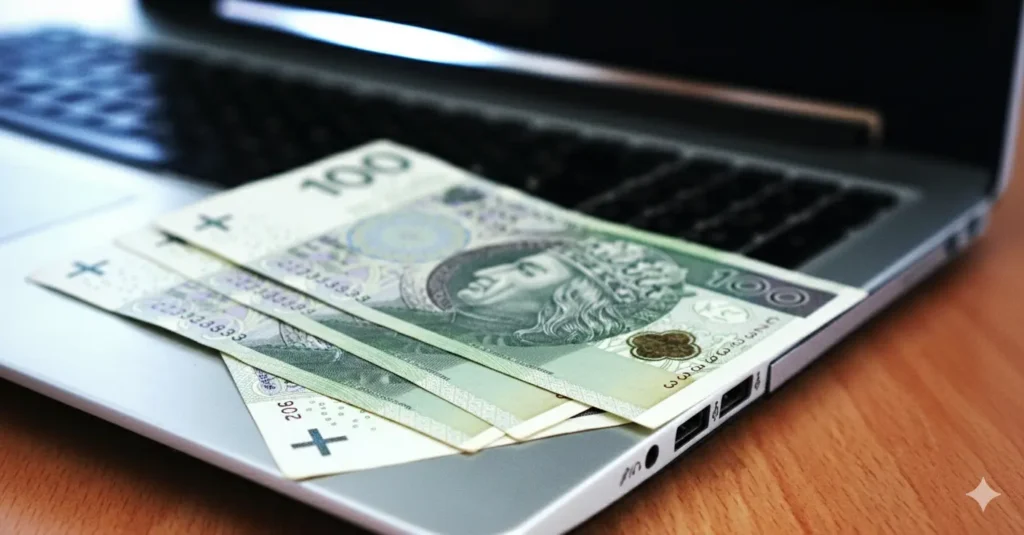 Trzy banknoty 100 zł (polskie złotówki) leżące na klawiaturze i obudowie srebrnego laptopa, symbolizujące pieniądze z pracy zdalnej, inwestycji lub biznesu online.