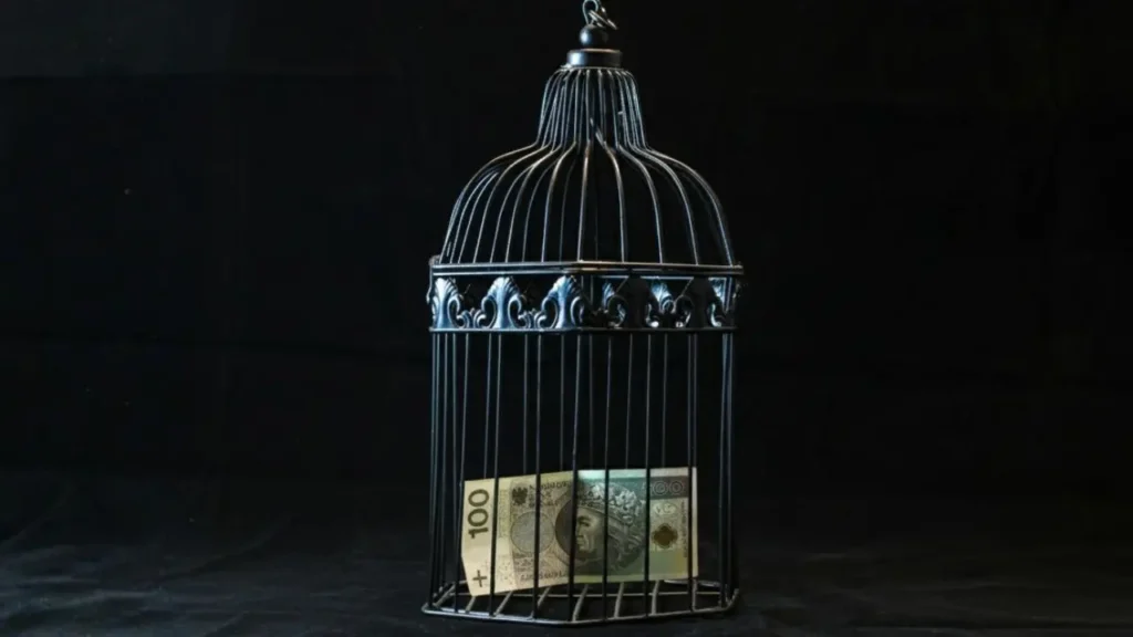 Banknot 100 zł zamknięty w metalowej klatce na czarnym tle – symbol zniewolenia przez pieniądze.