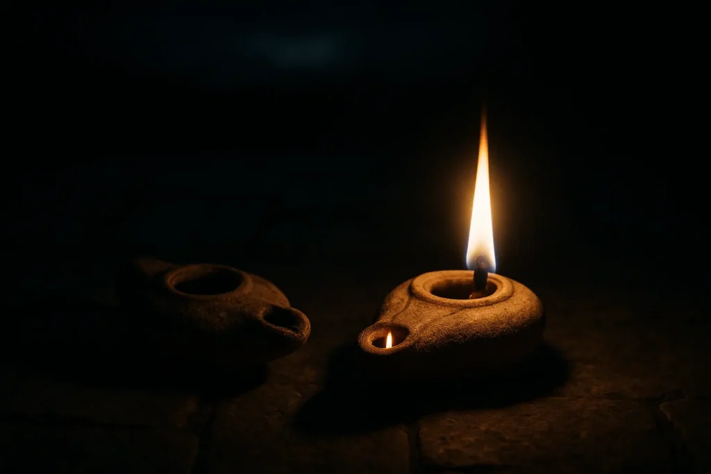Dwie gliniane lampy oliwne w ciemności – jedna jasno płonie, druga zgaszona. Symbol duchowego życia i pustej religijności, inspirowany przypowieścią o dziesięciu pannach.